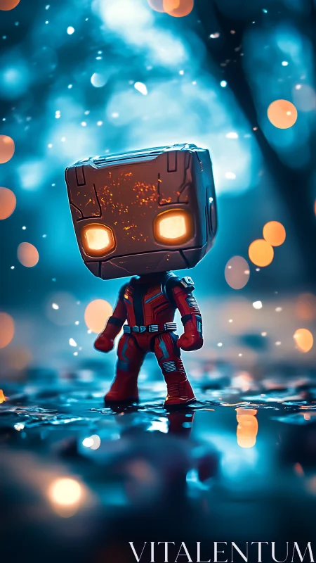 Toy robot hero stands in neon bokeh rain with glowing eyes.
