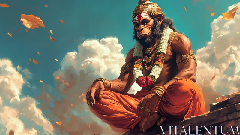 Serene monkey deity meditating above luminous clouds sky.