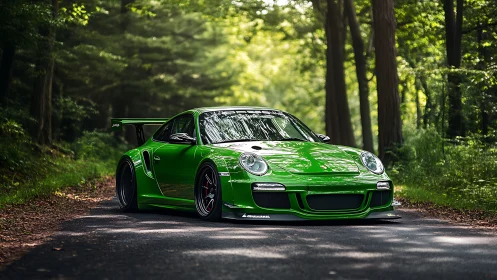 Vibrant green track car poised on sunlit forest road.