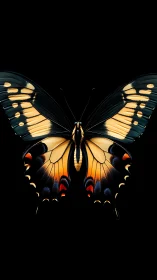 Macro dorsal view of swallowtail butterfly on pure black field