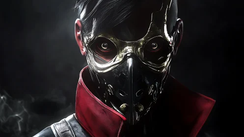 Masked cyberpunk assassin stares through gleaming metal visor.