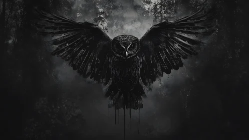 Midnight owl spreads inky wings across a moody forest sky