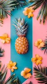 Tropical pineapple flat lay on teal stripe with florals, portrait