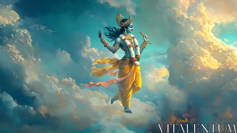Divine blue-skinned figure levitating amid volumetric lit clouds