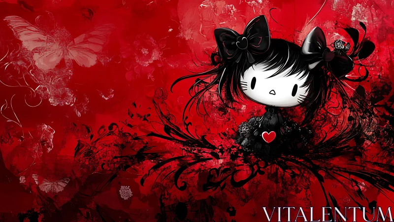 Gothic chibi cat girl amid red grunge butterflies and ink splatter.