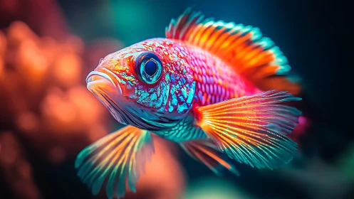 Glowing coral reef fish swimming in a dreamy neon ocean.