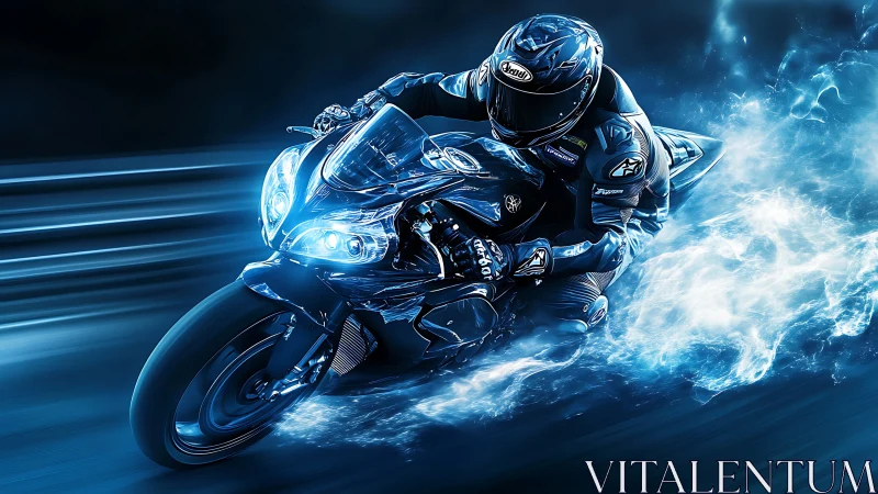 Motorcycle racer carves neon blue trail through night speed