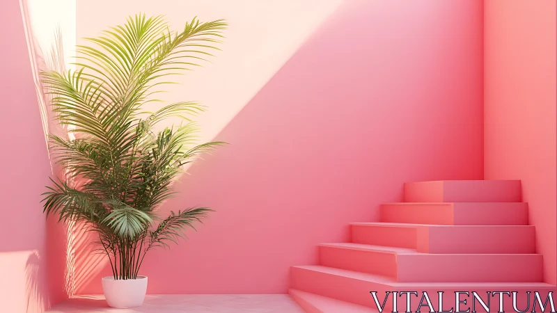Tropical palm in pink architectural stairwell lighting study.