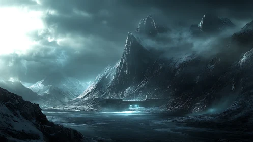 Digital painting of frozen citadel beneath stormbound peaks.