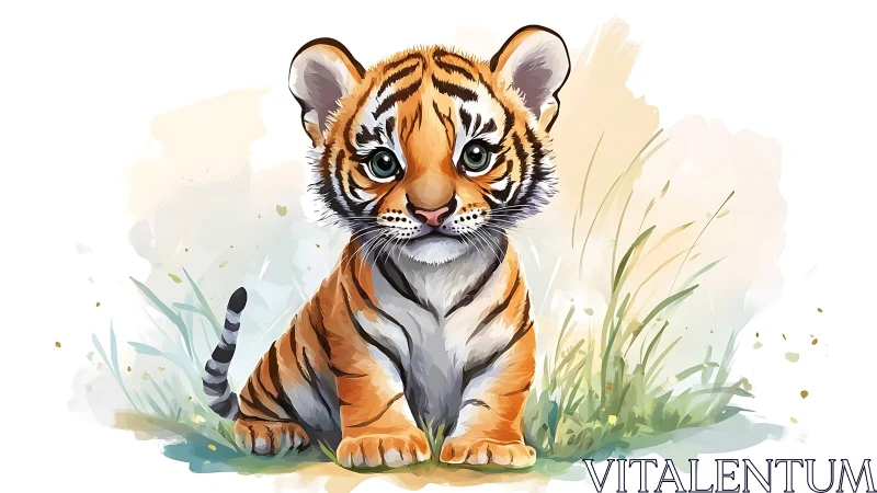 Gentle tiger cub portrait in soft watercolor meadow glow.