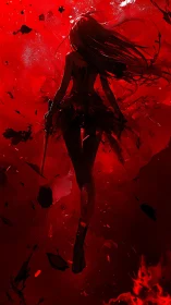 Silhouetted swordbearer emerging within scarlet chaos.