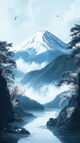 Snow peak mountain above misty pine valley and river.