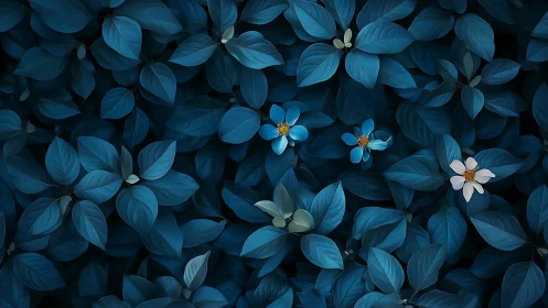 Blue foliage with scattered small flowers and golden centers.