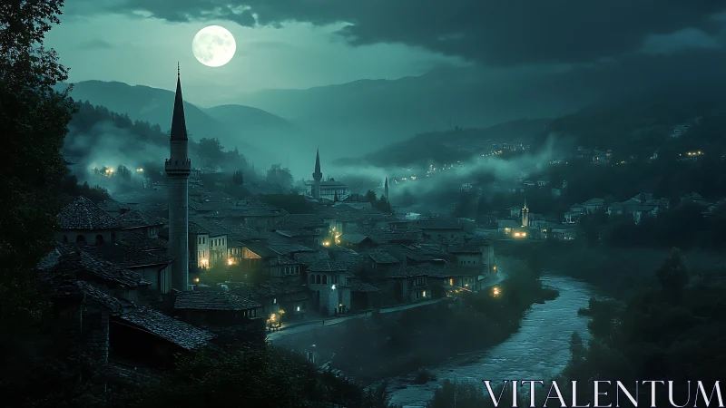 Moonlit riverside townscape presents layered nocturnal landscape