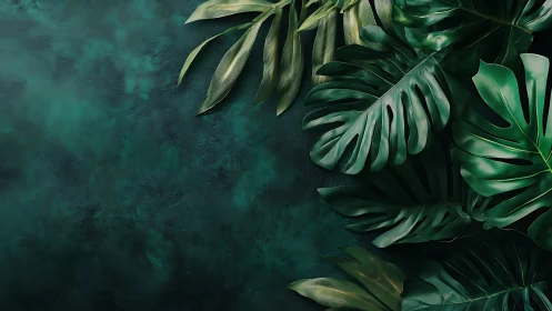 Lush monstera foliage over deep teal textured backdrop.