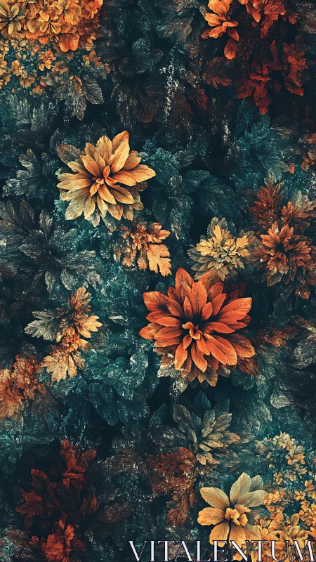 Autumn Flowers Overhead View on Dark Ground.