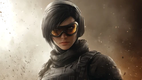 Tactical heroine stands in swirling dust and golden light.