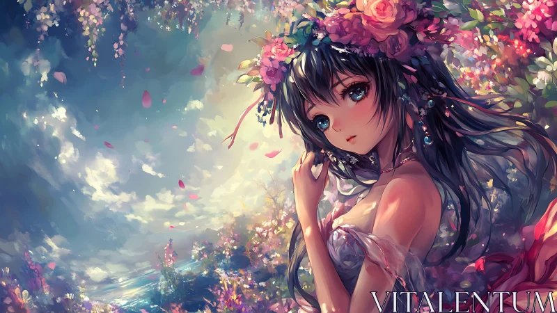 Flower crowned girl gazes over luminous fantasy garden
