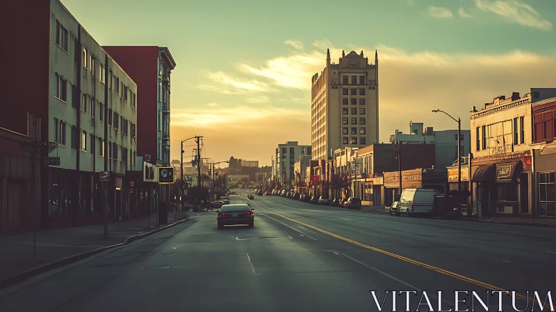 Sunlit empty downtown street with retro tower skyline at dusk.