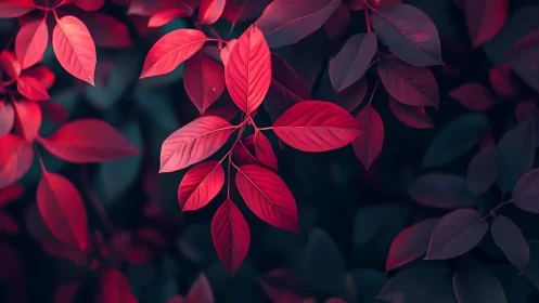 Crimson hush of twilight leaves in a velvet forest glow.