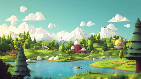 Playful mountain valley village by a bright blue lake.