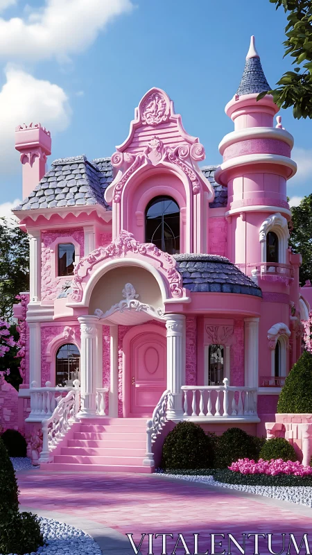 Pink turreted house with ornate facade and balustraded entry.