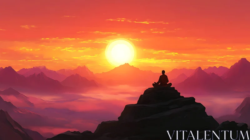 Meditating silhouette over glowing sunset mountain range.