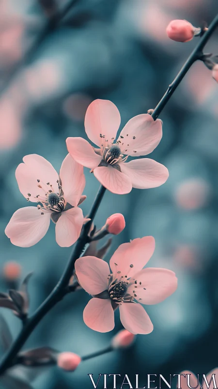 Delicate Pink Blossoms on Dark Branch with Soft Focus