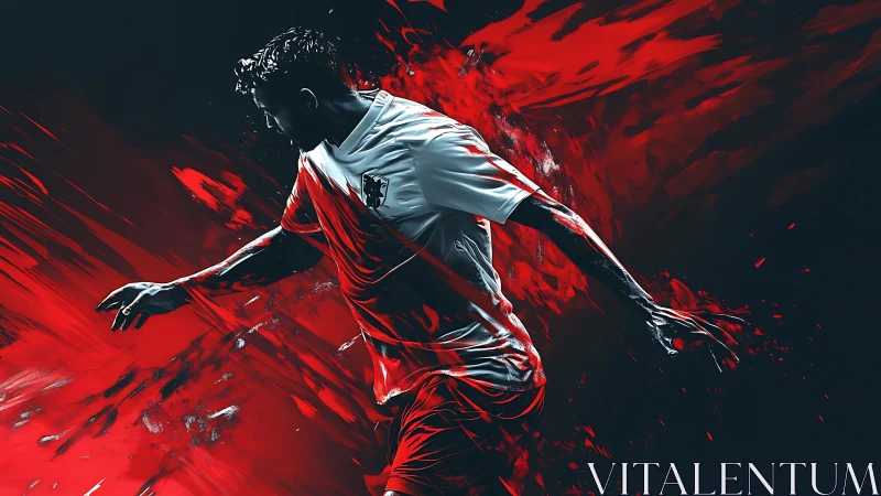 Soccer player runs forward through red abstract digital streaks