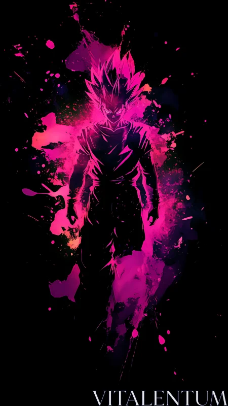 Silhouetted spiky-haired figure in neon pink splatter art.