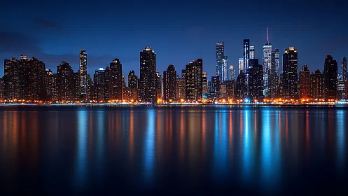 Nocturnal high-rise skyline with waterfront light reflections