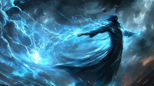 Arcane figure unleashes radial blue energy in storm-torn void