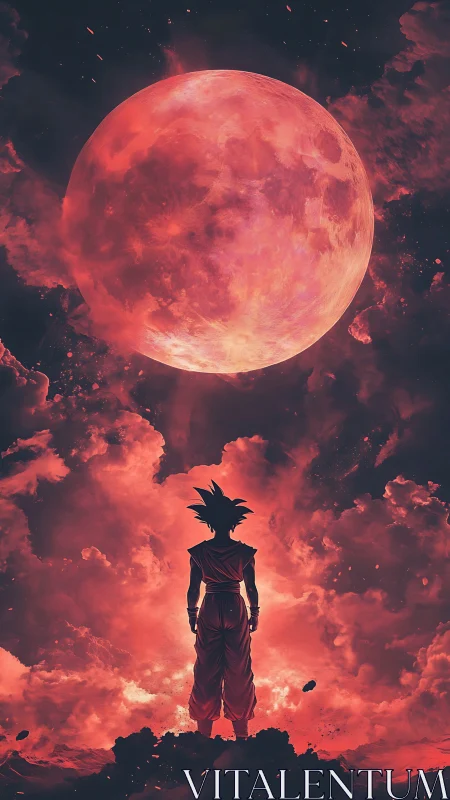 Stargazing warrior stands beneath a glowing crimson moon sky