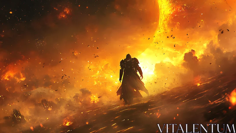 Lone armored wanderer walking through a burning orange sky.