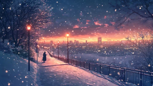 Solitary figure on snowy hill overlooking sunset cityscape