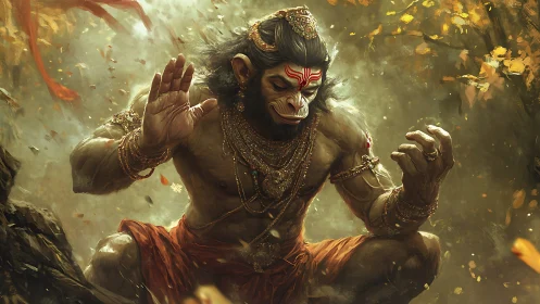 Mythic simian warrior in ornate gold armor amid swirling leaves