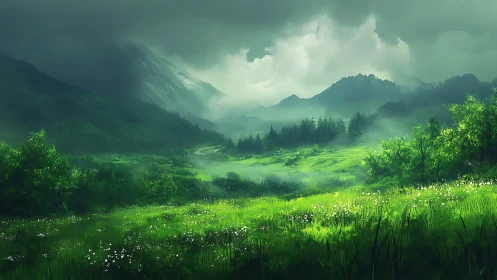 Misty green valley glimmering beneath brooding mountain skies.