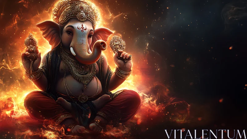 Flame crowned Ganesha smiles amid cosmic embers and calm