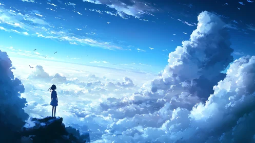 Solitary girl above clouds beneath vast luminous sky.