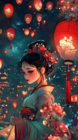 Lantern-lit maiden drifting through midnight blossom skies.