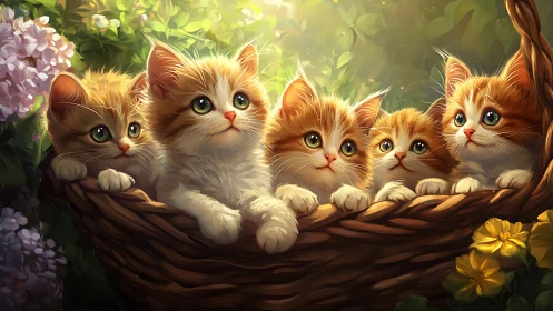 Five Orange and White Kittens in Wooden Basket.