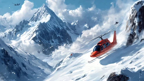 Rescue helicopter cuts through bright alpine blizzard slopes.