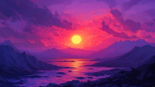 Vibrant violet sunset over tranquil digital seascape.