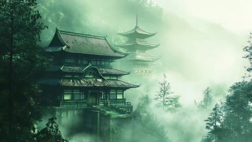 Misty pagoda complex with layered roofs in diffuse green atmosphere
