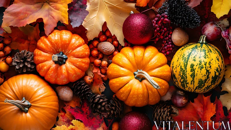 Pumpkin parade beneath glittered autumn leaves and berries.