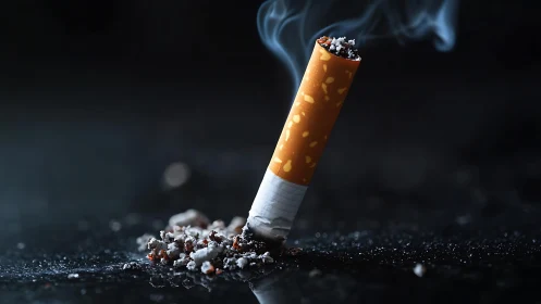 Smoldering cigarette butt stands upright in scattered ash