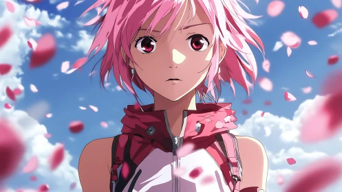 Pink haired anime girl amid drifting petals under blue sky