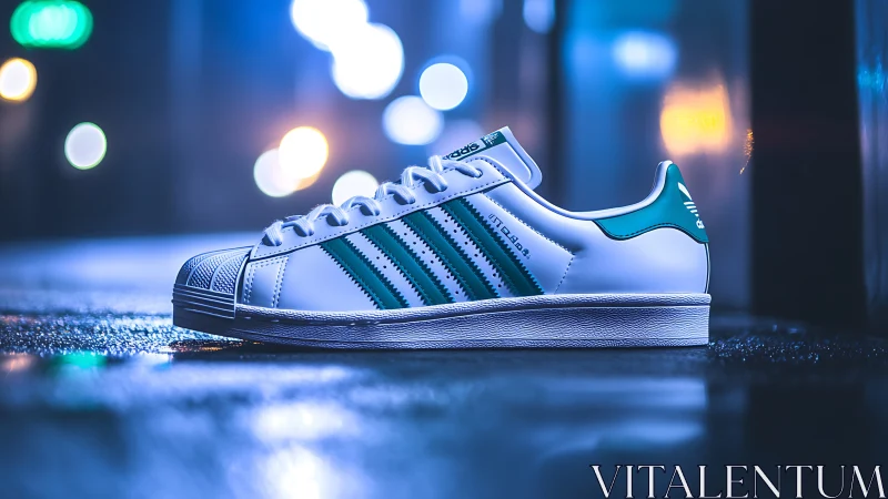 Low angle sneaker product shot on wet urban street at night