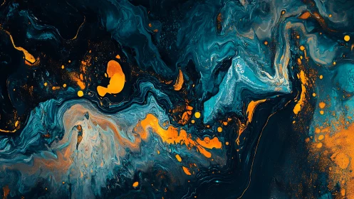 Turbulent teal and amber fluid dynamics on cosmic canvas.