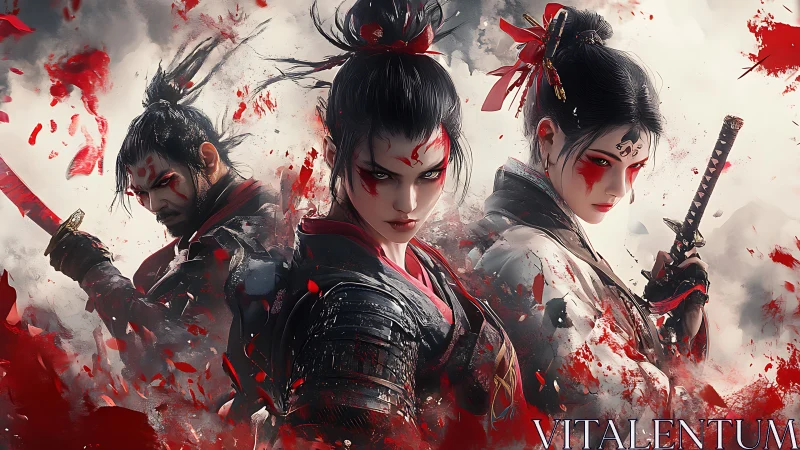 Fierce samurai trio stands united in vivid crimson storm